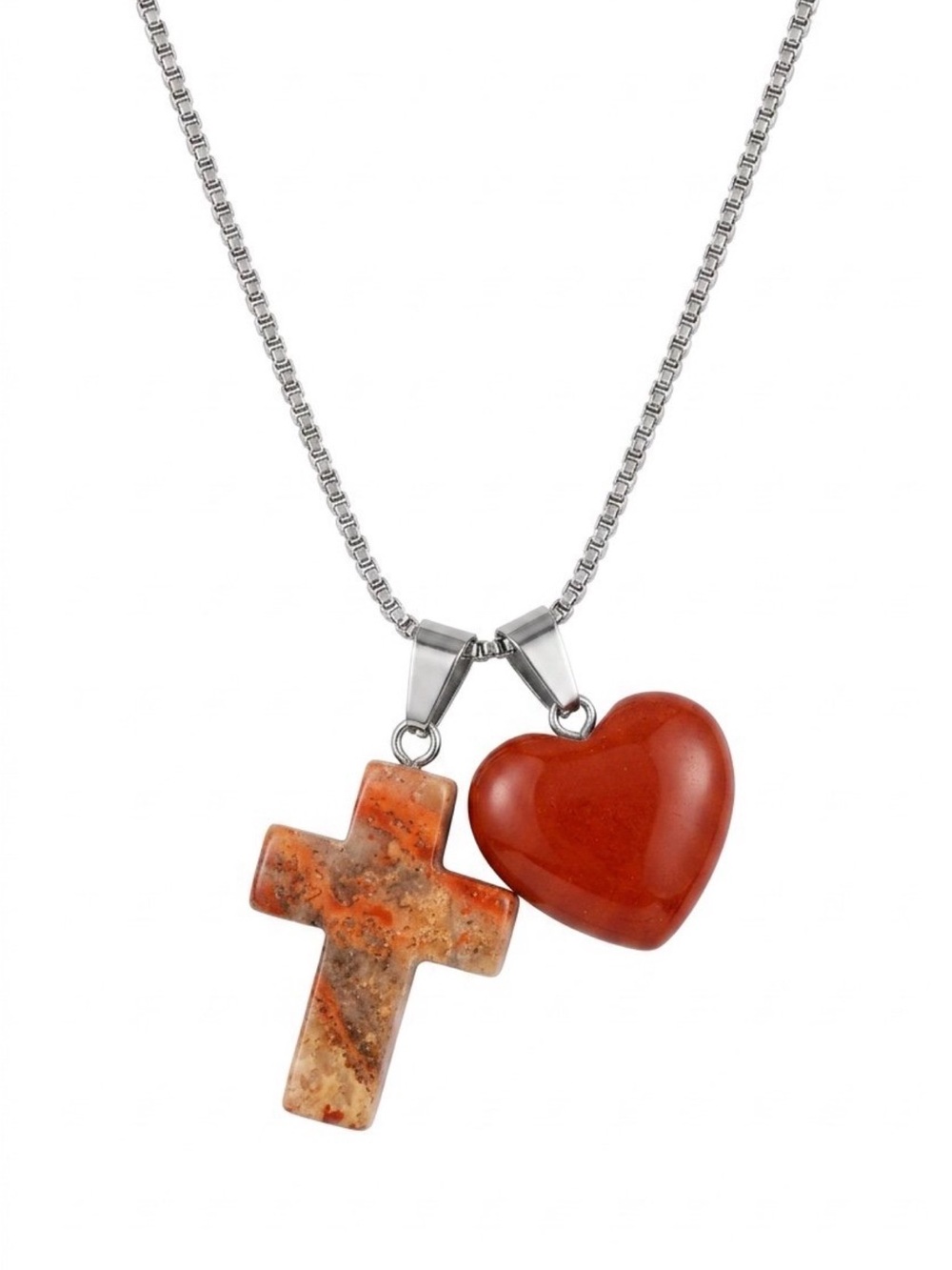 Boho hippie Carnelian Agate Cross and Red Jasper Heart silver 18” necklace